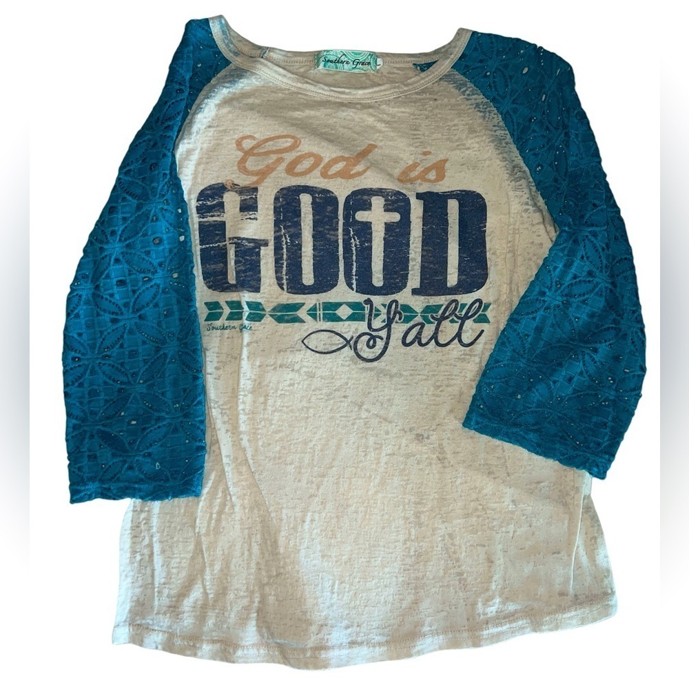 Southern Grace God is Good Y’all Burnout Shirt Top 3/4 Blue Lace Sleeves Medium